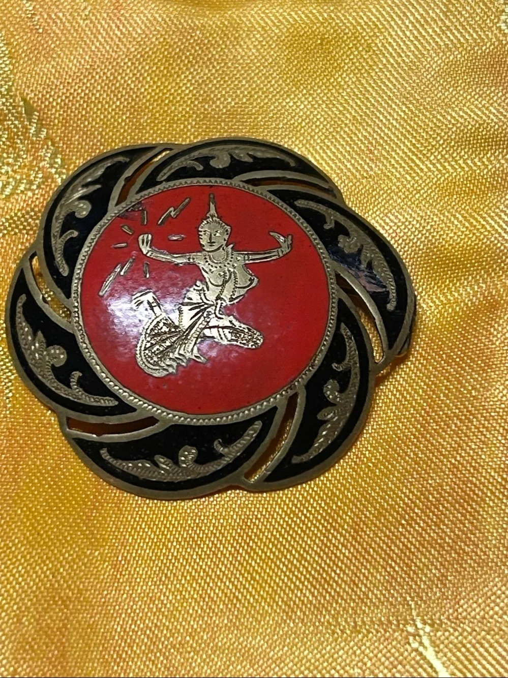 Gold-Tone Red Enamel Lotus Pin Brooch